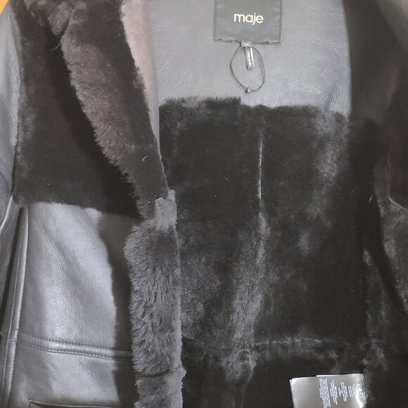 MAJE 38 sz4 SHEARLING Sheepskin Fur Leather Gwette Coat Black Acne Sandro